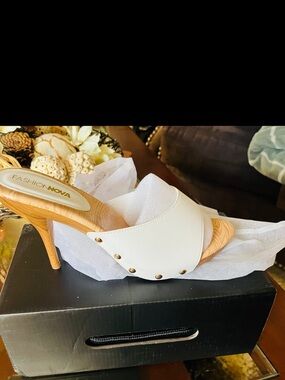 Fashion Nova White Slide Heel Mules with Gold Studs